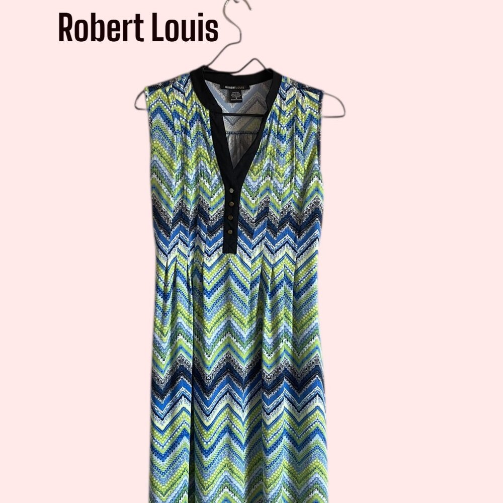 Robert Louis Sleeveless Dress Size L Blue Green Multi Knee Length Summer GUC
